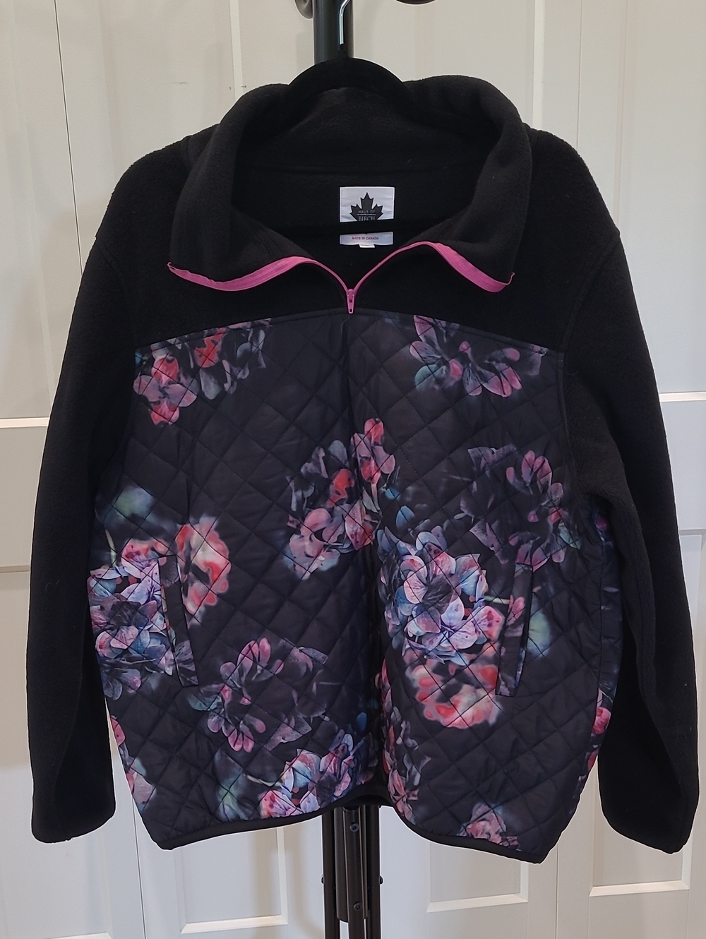 Haus Of Birch Black Floral Quilted Polar Fleece Jacket with Pink Trim